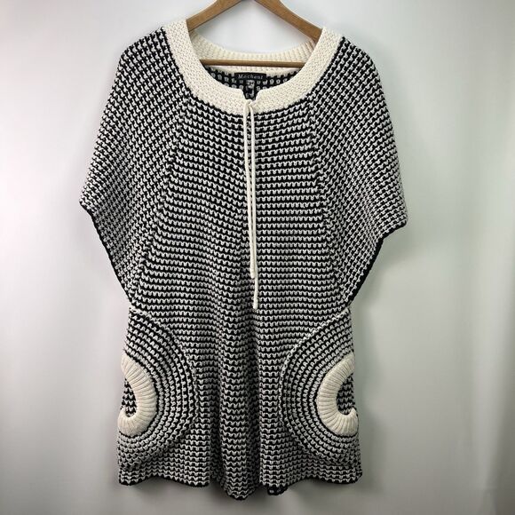 Mechant Sweaters - Mechant Black White Chunky Knit Sweater Tunic Armholes Pockets Drawstring OSFM